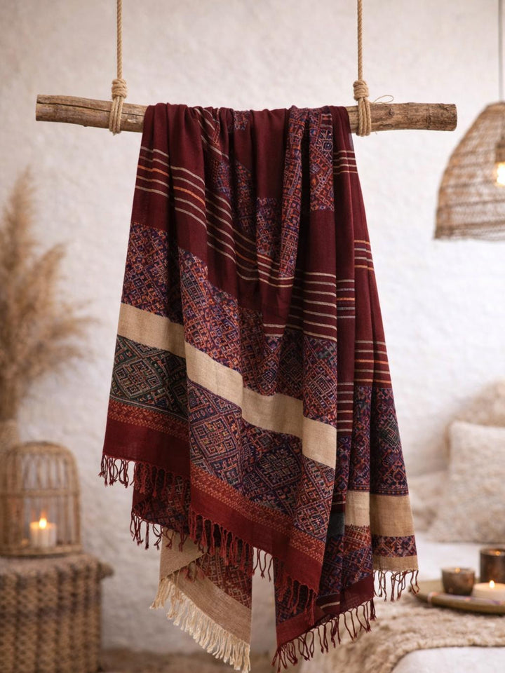 REVERSIBLE MOSAIC CASHMERE SILK SHAWL - MAROON
