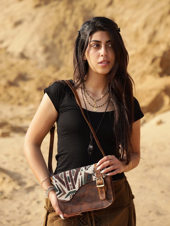 MOUNTAIN MOON EMBROIDERED GENUINE LEATHER CROSS BODY HAND BAG AND BUCKLE