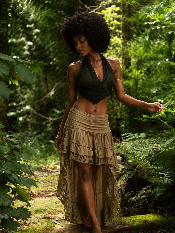 TRIBAL CRAFT LONG BACK SKIRT - KHAKI