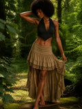 TRIBAL CRAFT LONG BACK SKIRT - KHAKI