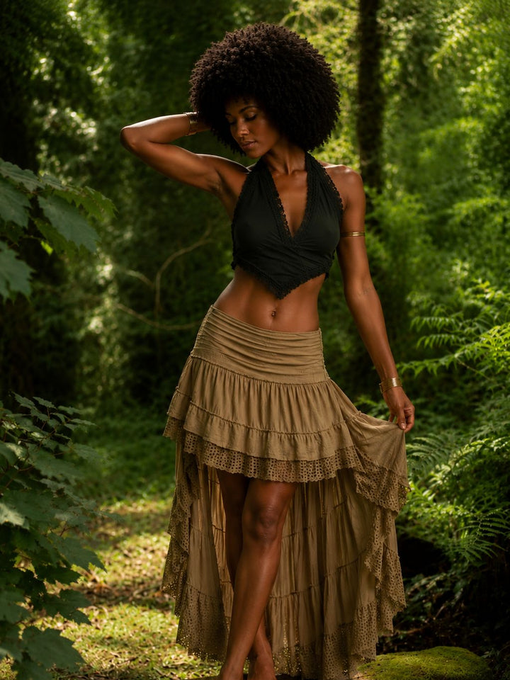 TRIBAL CRAFT LONG BACK SKIRT - KHAKI