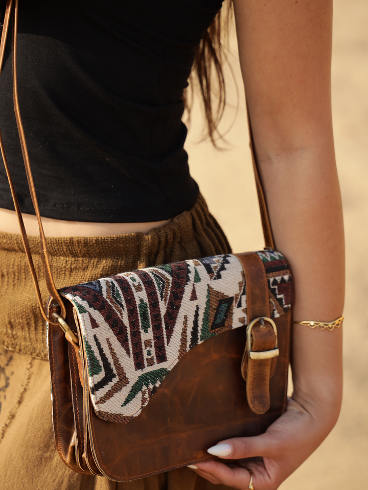 MOUNTAIN MOON EMBROIDERED GENUINE LEATHER CROSS BODY HAND BAG AND BUCKLE