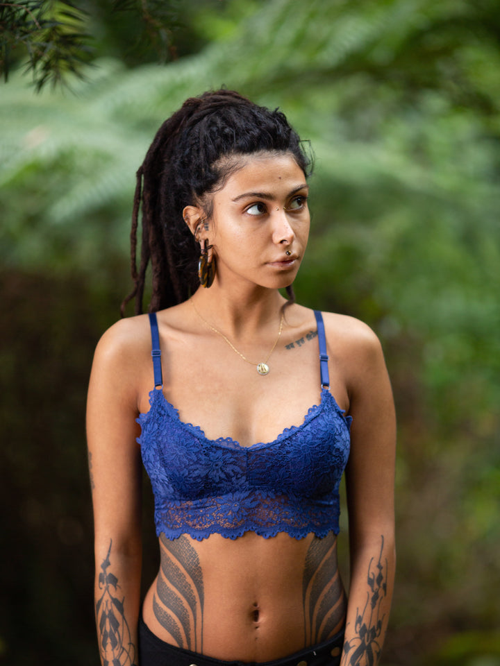 Wireless Lace Burlesque Bra - Navy Blue