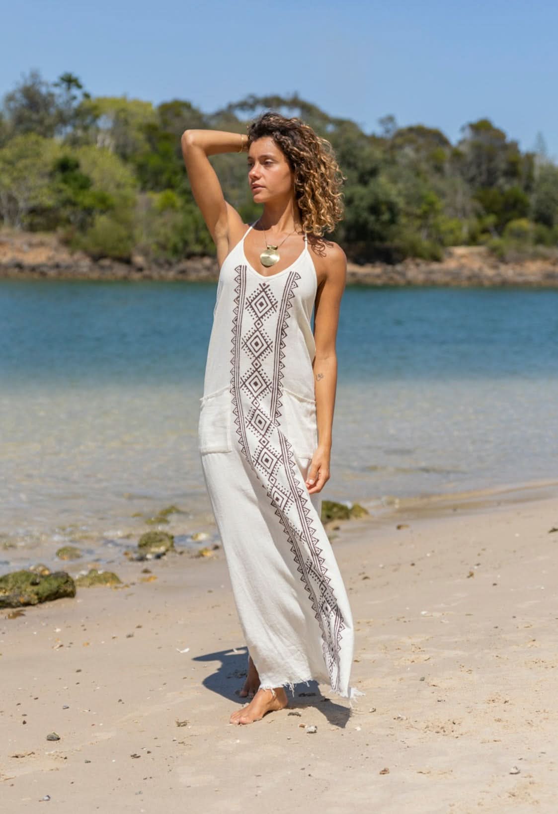 WHITE DRAGON DRESS WITH POCKETS