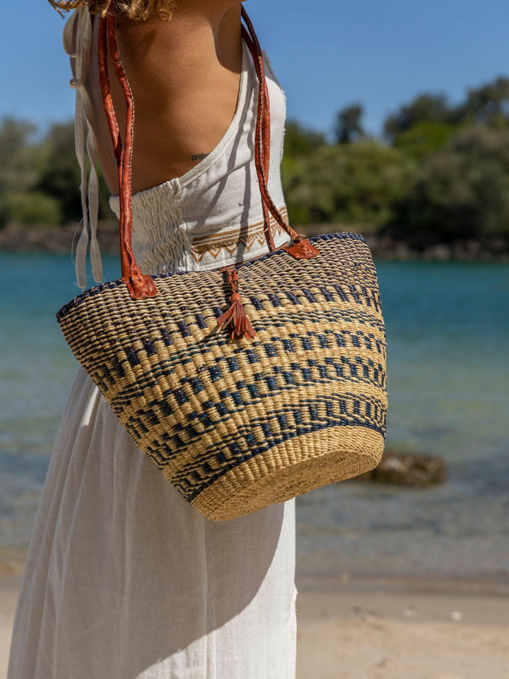 AFRICAN WOVEN BASKET IN BLUE AND NATURAL