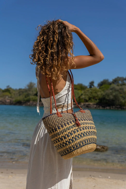 AFRICAN WOVEN BASKET IN BLUE AND NATURAL