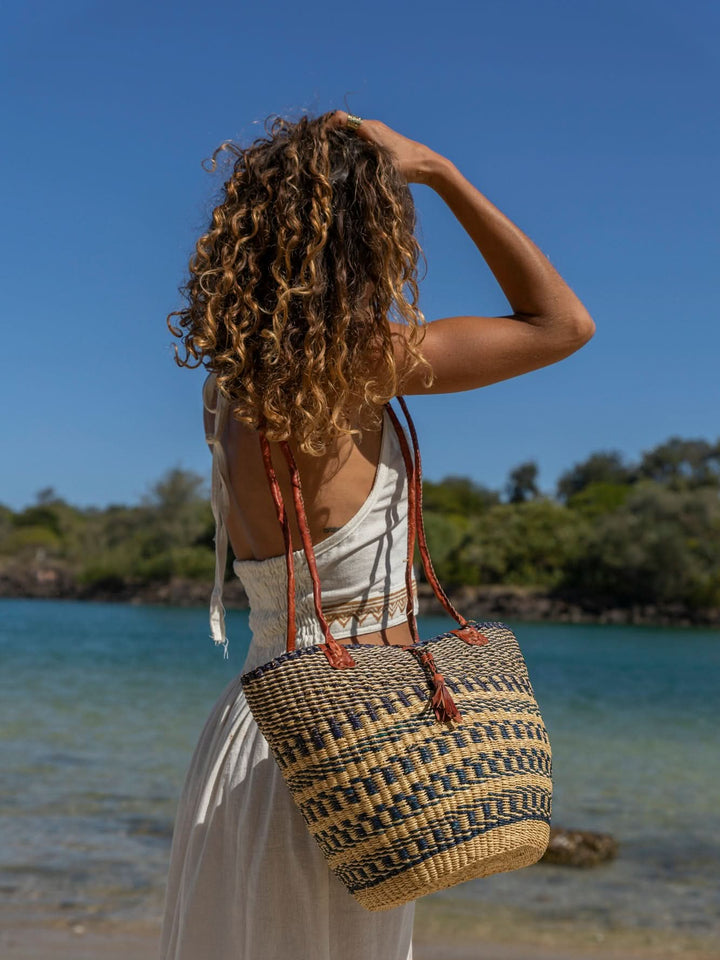 AFRICAN WOVEN BASKET IN BLUE AND NATURAL