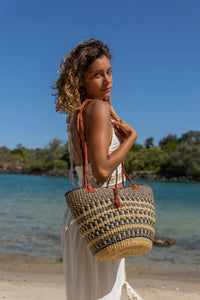 AFRICAN WOVEN BASKET IN BLUE AND NATURAL