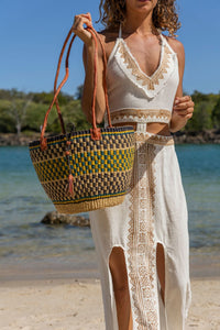 AFRICAN WOVEN BASKET IN YELLOW BLUE