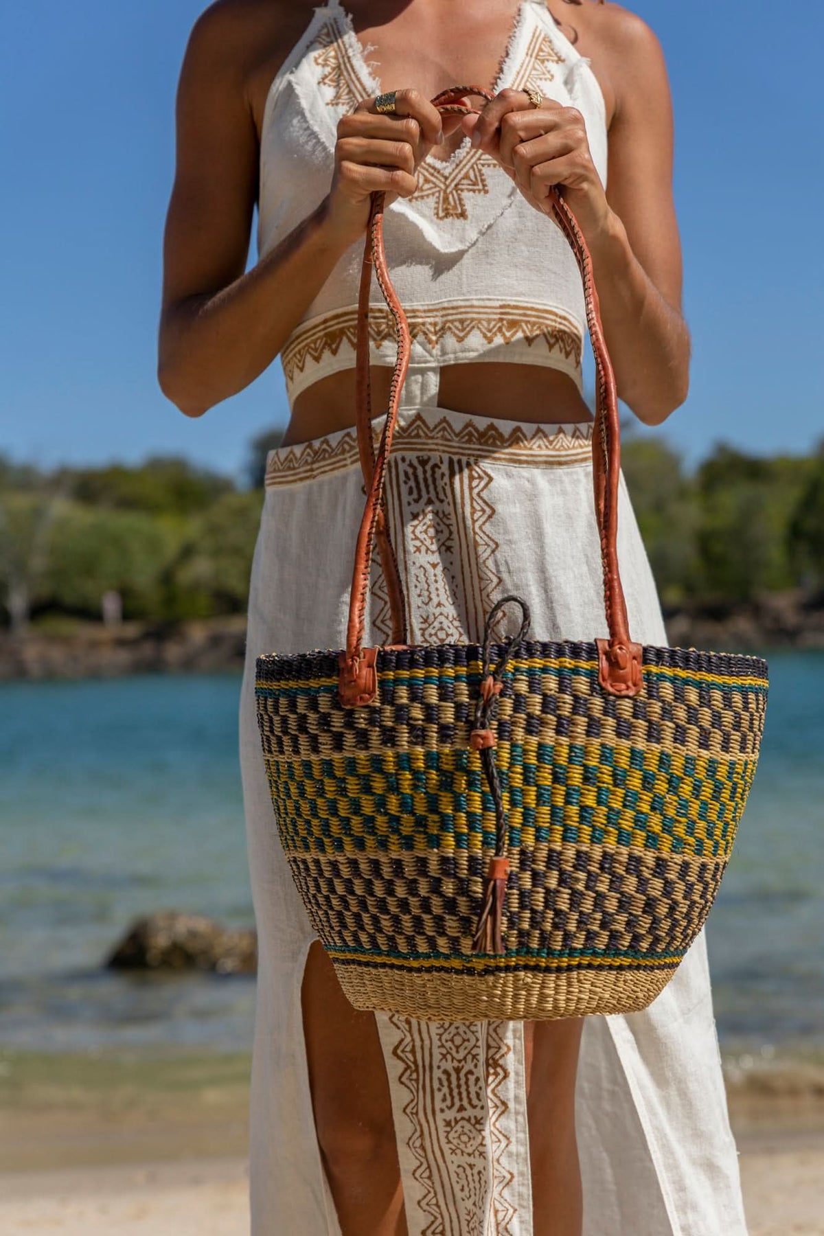 AFRICAN WOVEN BASKET IN YELLOW BLUE