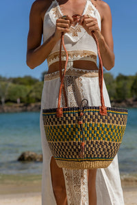AFRICAN WOVEN BASKET IN YELLOW BLUE