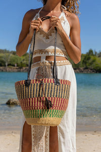 AFRICAN WOVEN BASKET IN RED GREEN