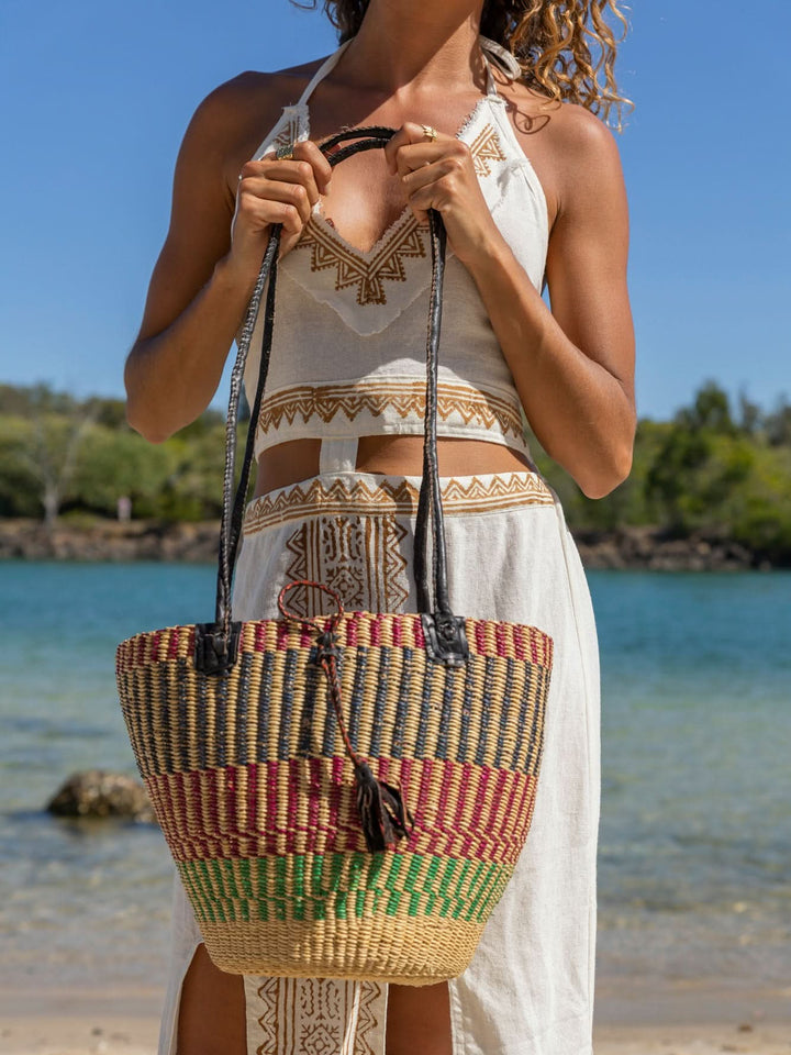 AFRICAN WOVEN BASKET IN RED GREEN
