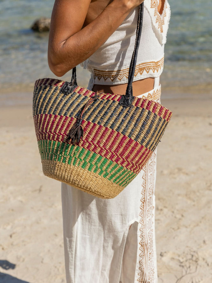AFRICAN WOVEN BASKET IN RED GREEN