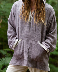 PULL À CAPUCHE TISSÉ MAIN BRUT ETHNIQUE - HOMME - MAUVE