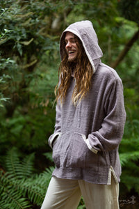 PULL À CAPUCHE TISSÉ MAIN BRUT ETHNIQUE - HOMME - MAUVE