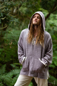 PULL À CAPUCHE TISSÉ MAIN BRUT ETHNIQUE - HOMME - MAUVE