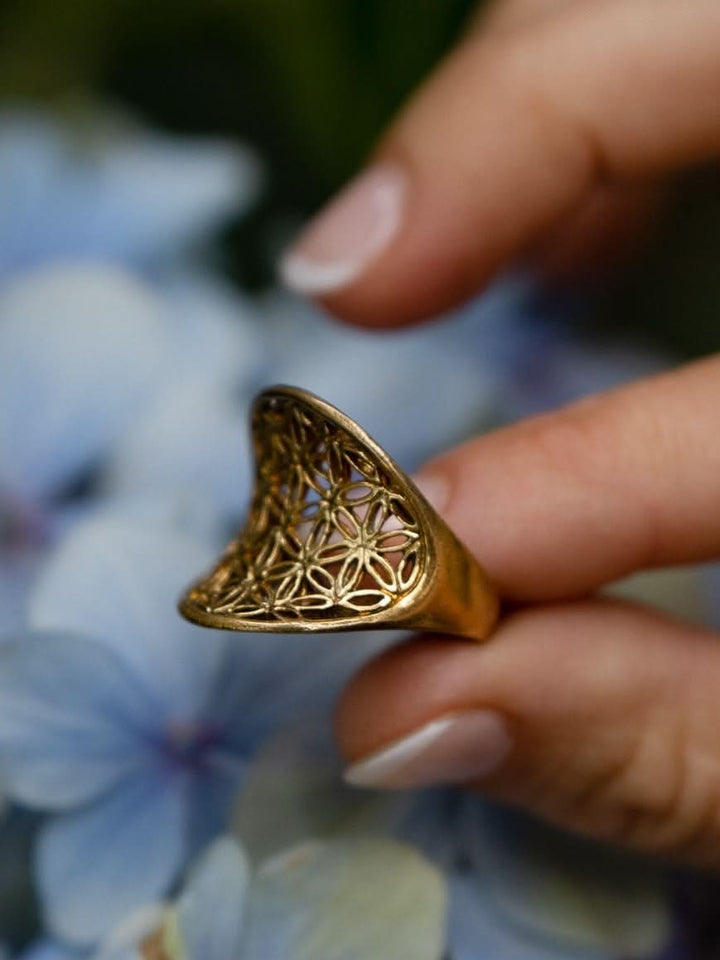 CONVEX FLOWER OF LIFE RING - BRASS