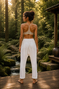 PANTALON SAROUEL EN LIN TRIBAL - BLANC