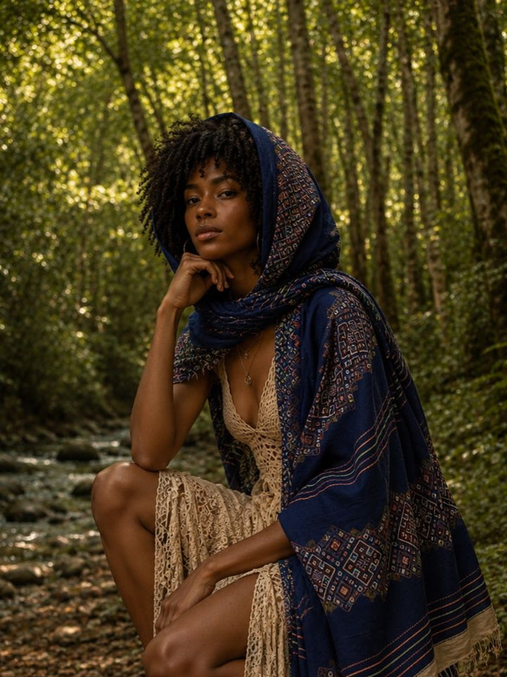 REVERSIBLE MOSAIC CASHMERE SILK SHAWL - NAVY