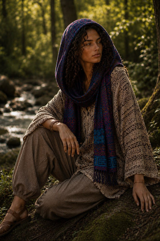 وشاح صوف بقبعة بتصميم موزاييك - متعدد الألوان