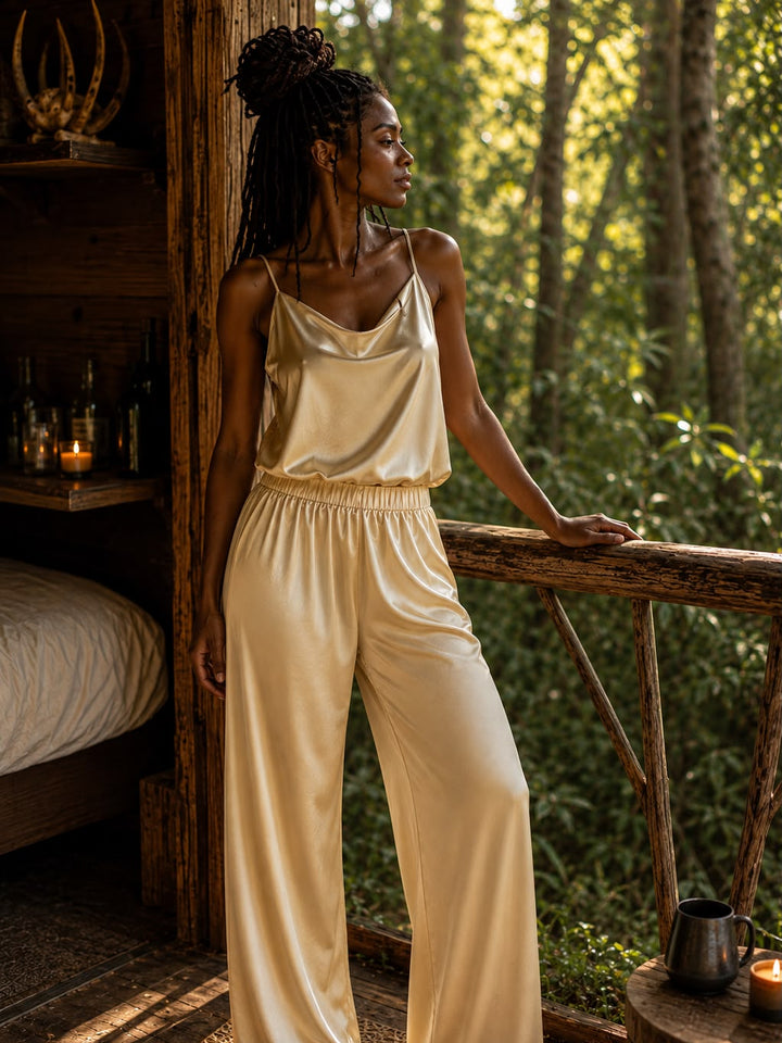 LUNA SATIN LOUNGE PANTS - CHAMPAGNE