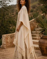 TRIBAL FRAYED KIMONO - CREAM