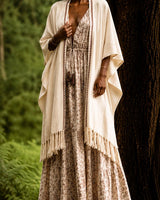 TRIBAL FRAYED KIMONO - CREAM