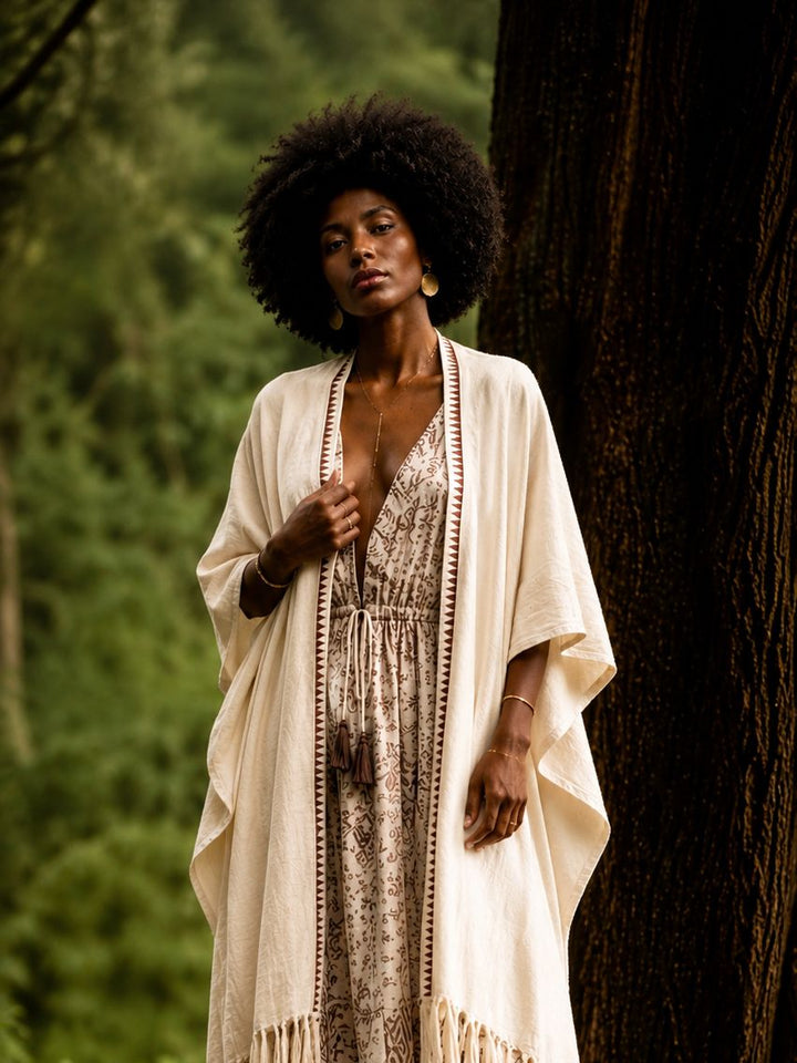 TRIBAL FRAYED KIMONO - CREAM