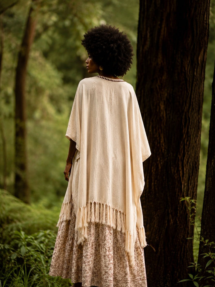 TRIBAL FRAYED KIMONO - CREAM