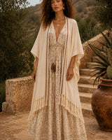 TRIBAL FRAYED KIMONO - CREAM