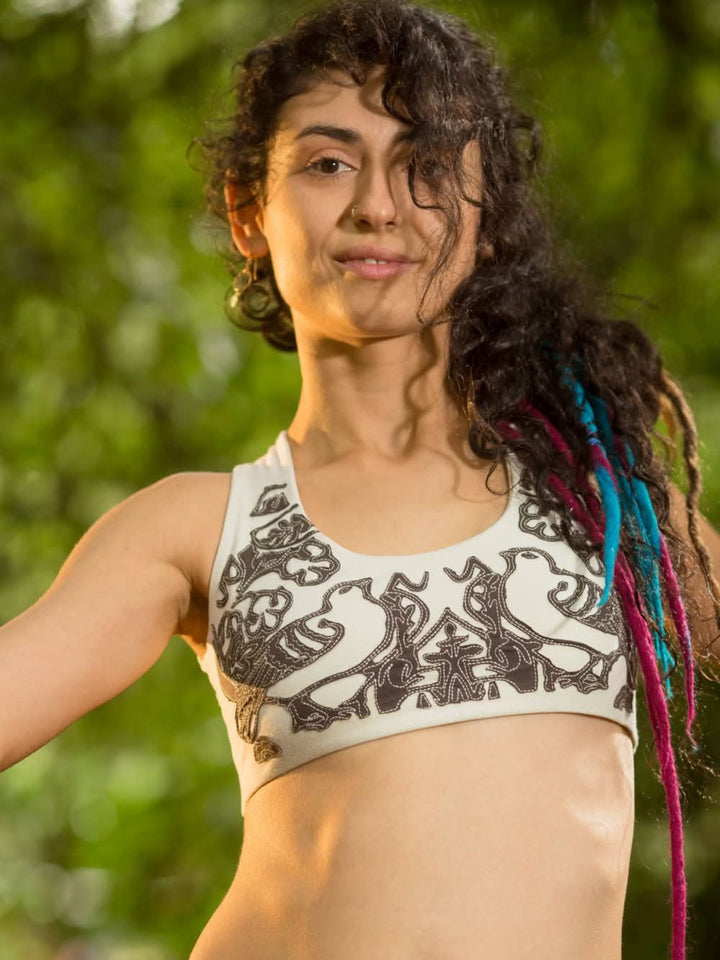 HAND WOVEN PATCHWORK ART YOGA BRA - WHITE