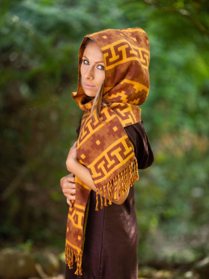 MOUNTAIN ALPACA GEOMETRIC SCARF - YELLOW/BROWN