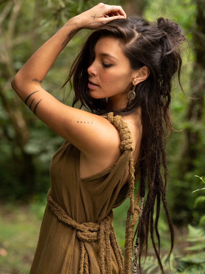 RAW BOHEMIAN FRAYED DRESS - KHAKI