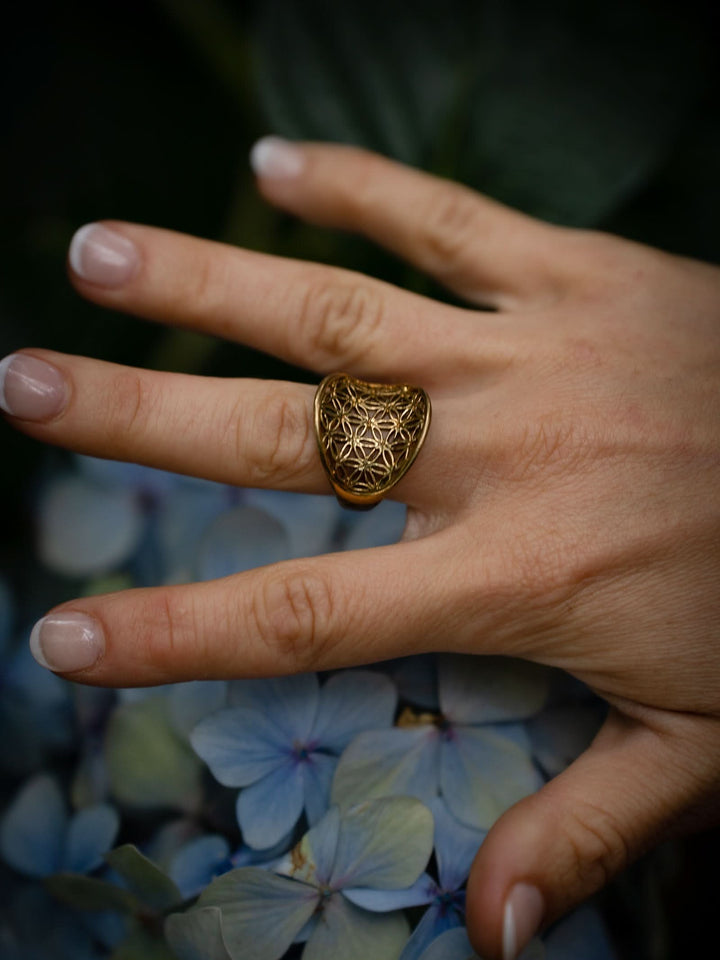 CONVEX FLOWER OF LIFE RING - BRASS
