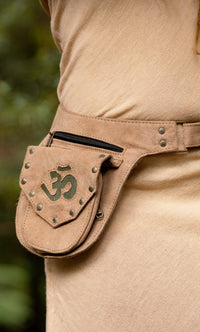 The Nile Recycled Leather Pocket Belt - Brown with Green Om Symbol