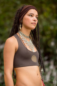 Soutien-gorge de yoga sans fil - Imprimé Fleur de Vie marron